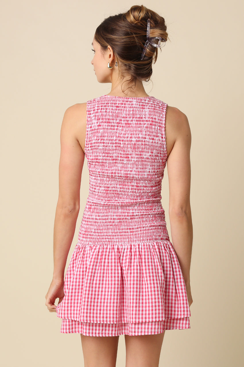 Debbie Gingham V-neck Tiered Mini Dress