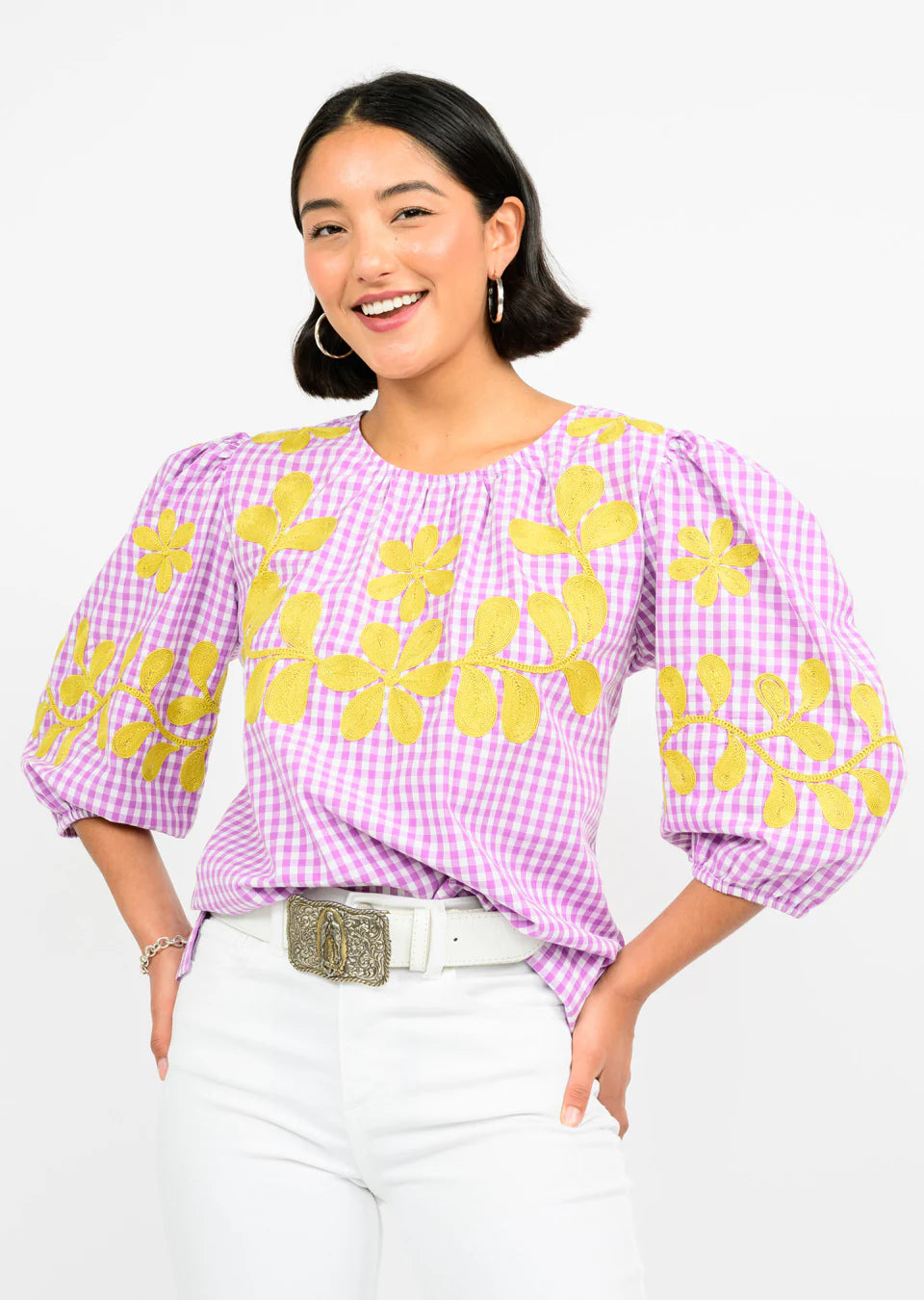 CHECKED EMBROIDERED TOP