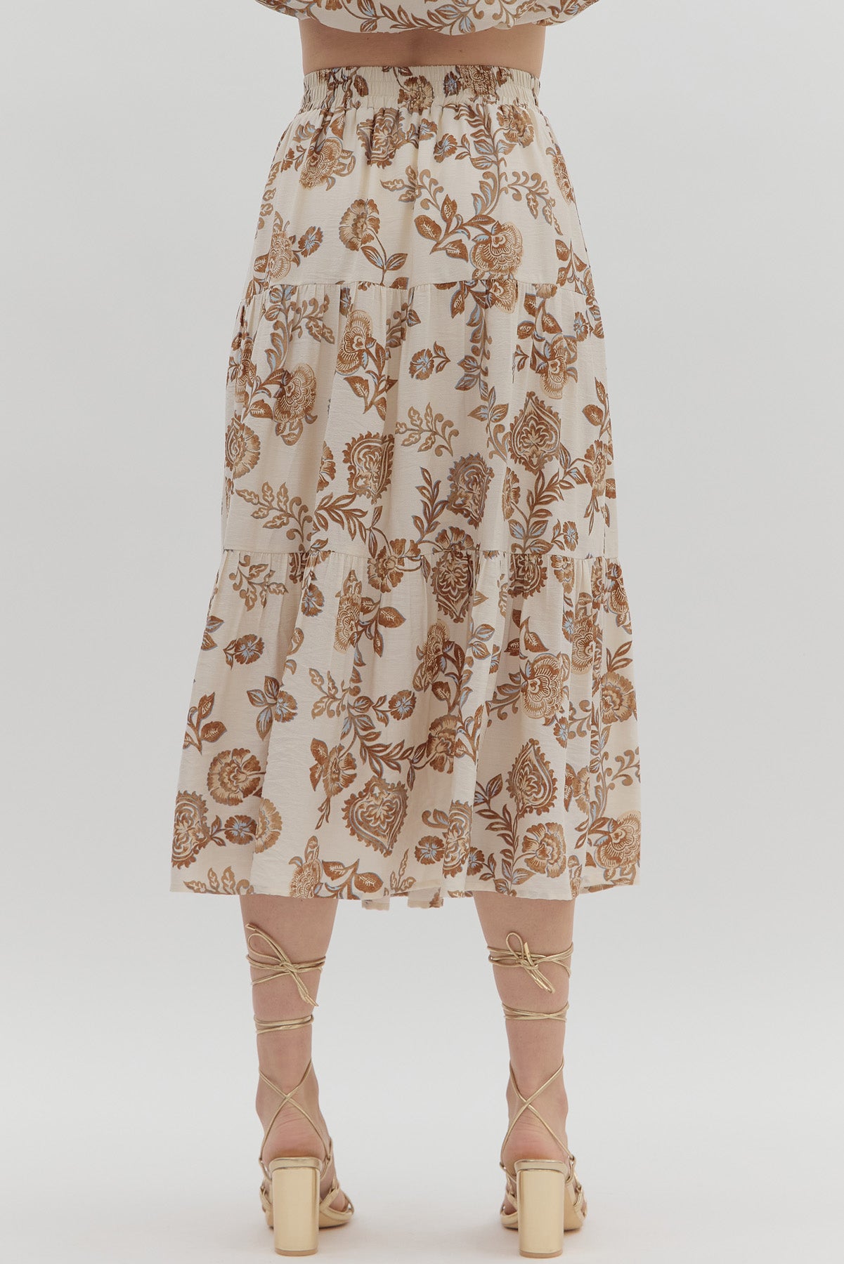 Floral print tiered pull-on midi skirt