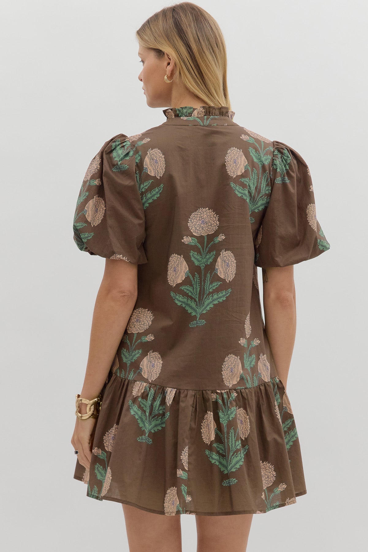 FLORAL BUBBLE SLEEVE RUFFLE HEM MINI DRESS