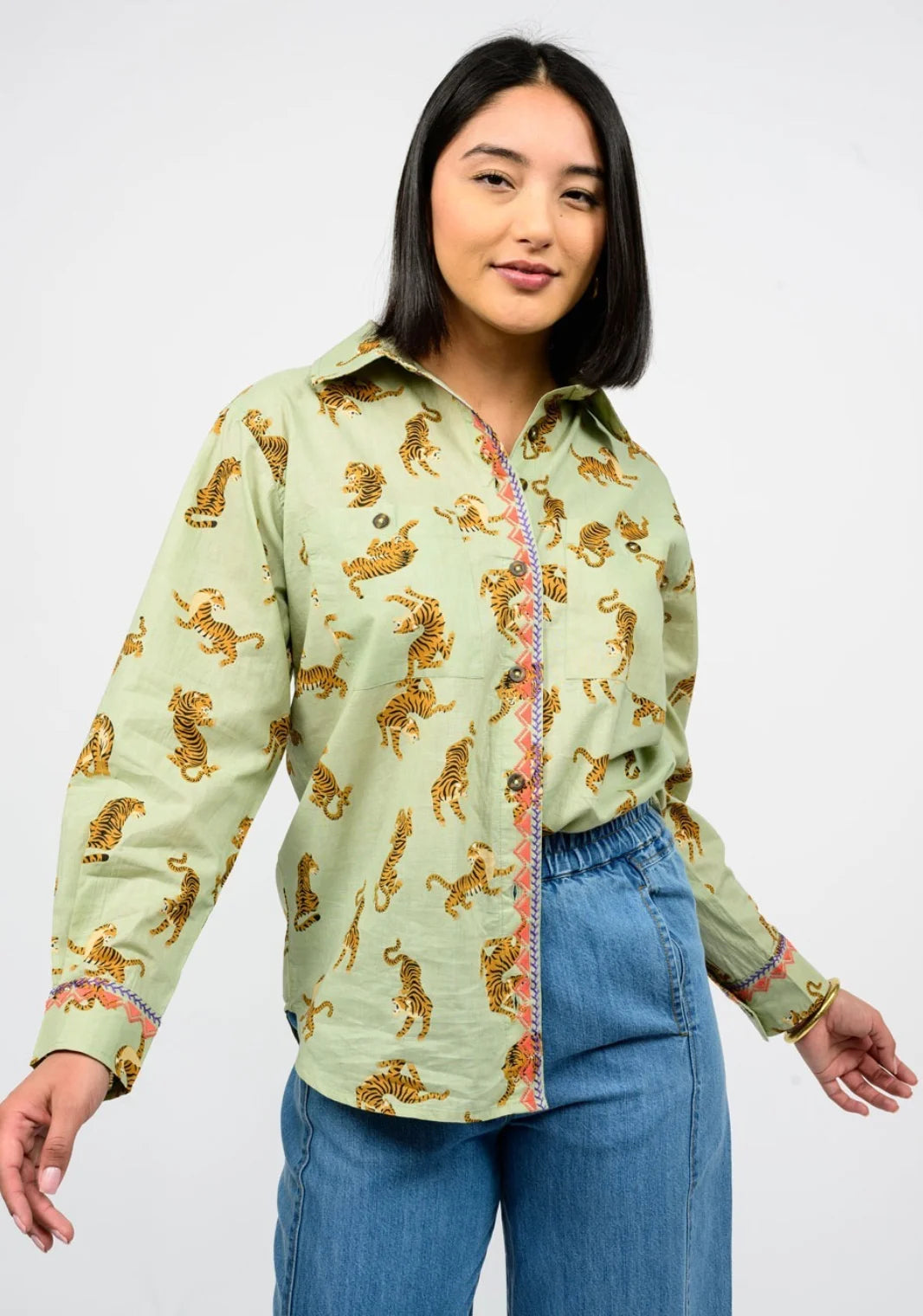 Tiger Embroidered Camp Shirt