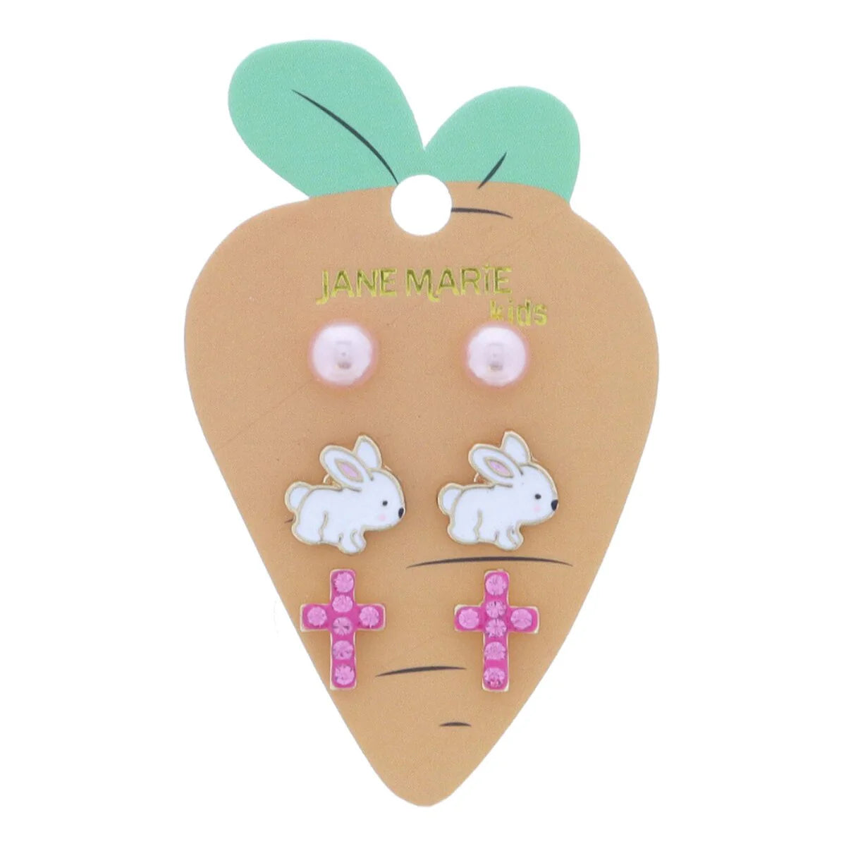 3 Stud Set, Pink Pearl, White Enamel Bunny, Hot Pink Crystal and Enamel Cross