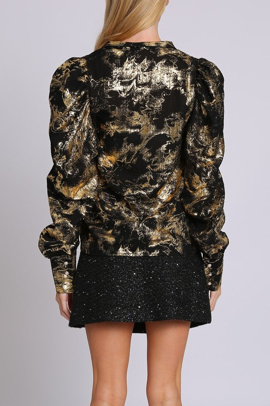 METALLIC COATED ABSTRACT PRINT SHEER PUFF BLOUSE