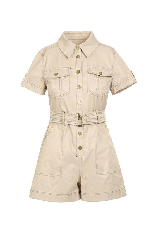 CONTRAST TWILL STITCHING O-RING BELTED ROMPER