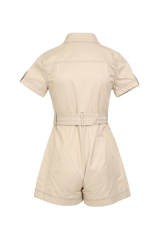 CONTRAST TWILL STITCHING O-RING BELTED ROMPER