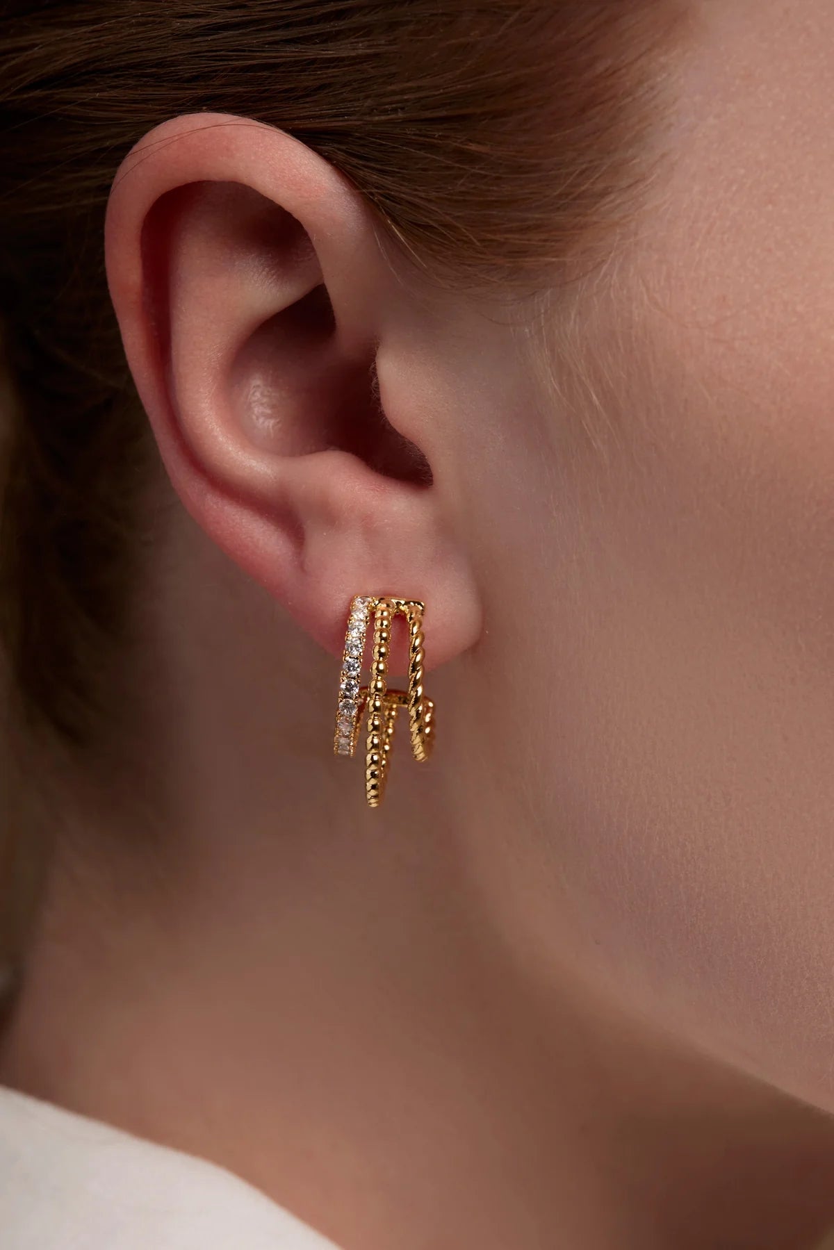 Triple Hoop Pave Huggie Earring Gold