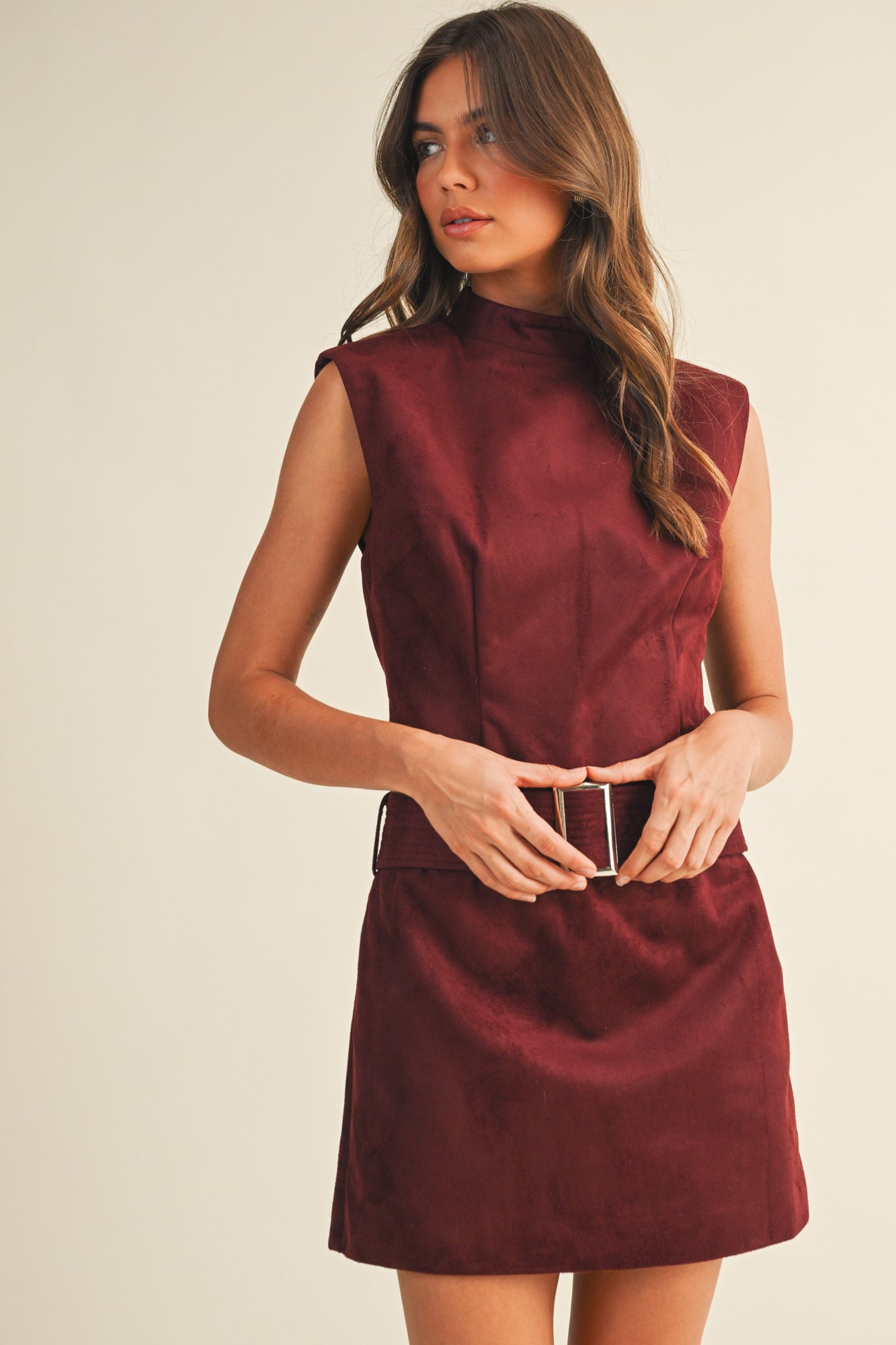 MOCK NECK BELTED SLEEVELESS DRESS