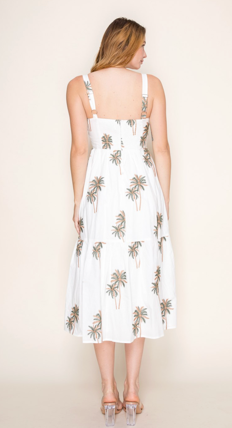 PALM TREE EMBROIDERY SLEEVELESS MIDI DRESS
