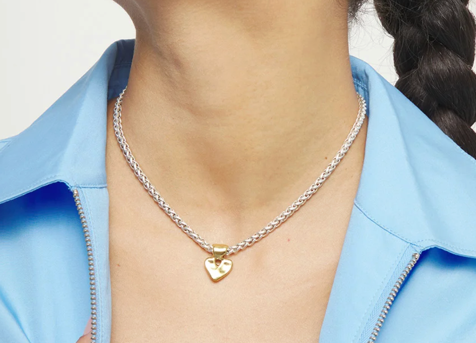 Sterling silver plated ball necklace with 18k gold heart detail