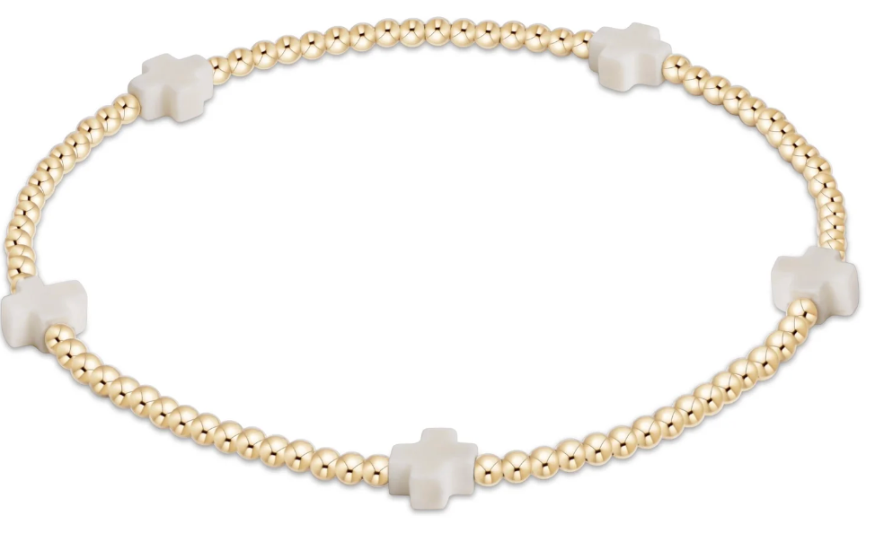 SIGNATURE CROSS SMALL GOLD PATTERN 2MM BEAD BRACELET - OFF-WHITE