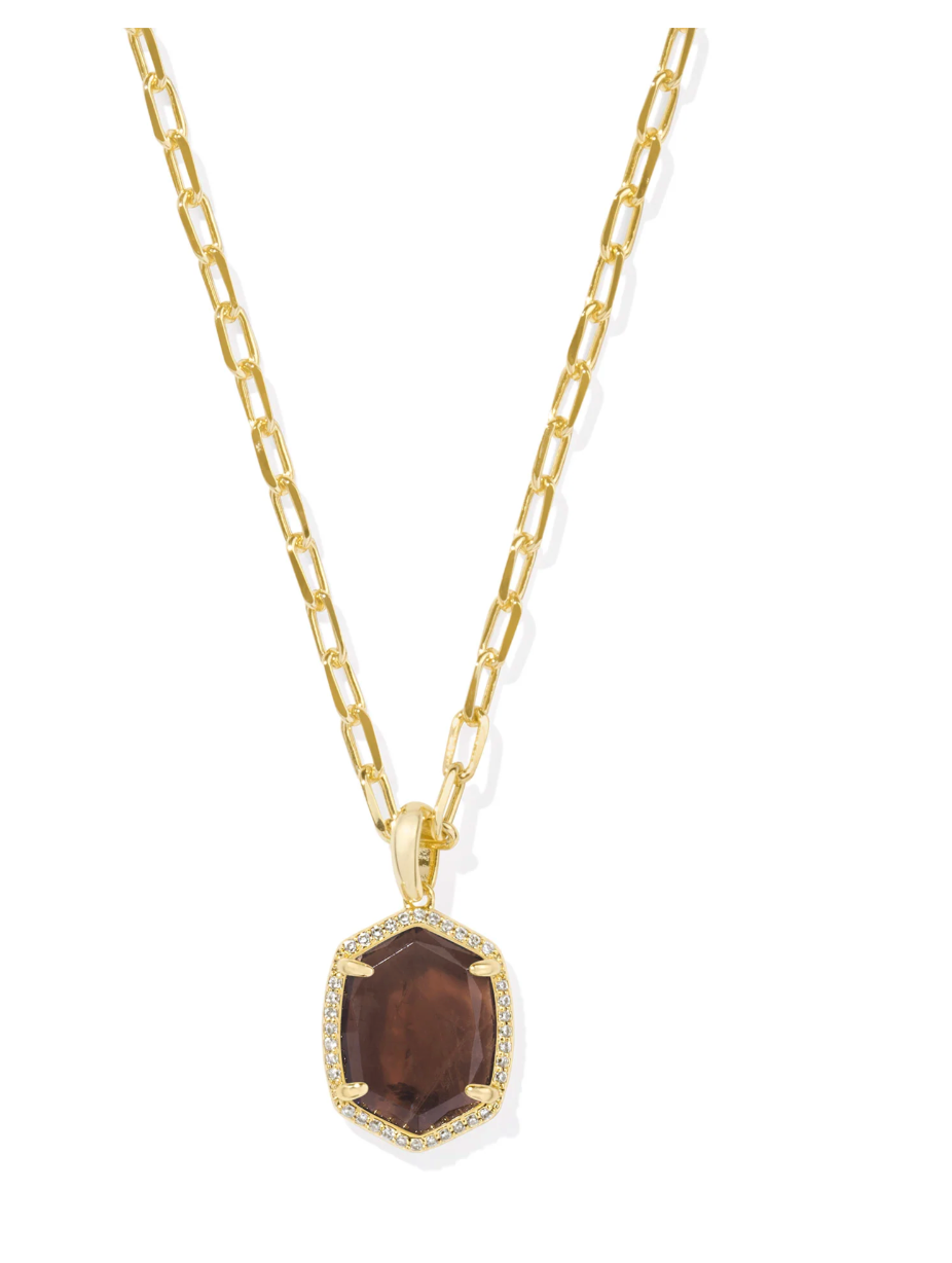 DAPHNE PAVE FRAME SHORT PENDANT NECKLACE GOLD SMOKY QUARTZ
