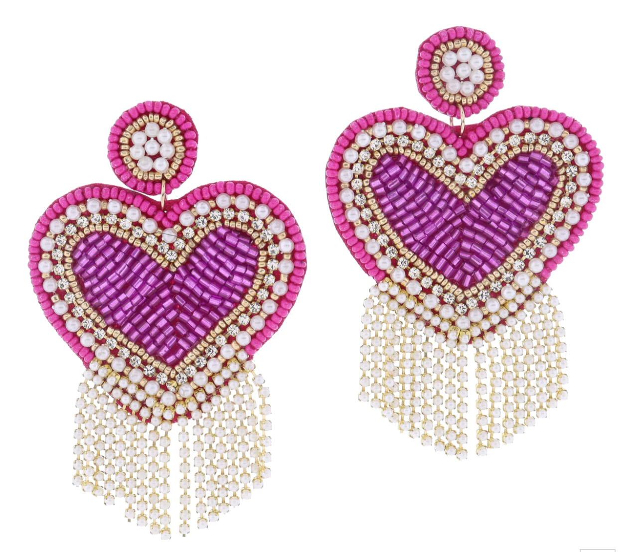 Fuchsia, Pearl, Crystal Beaded Post and Heart with Pearl Tassel Fringe
