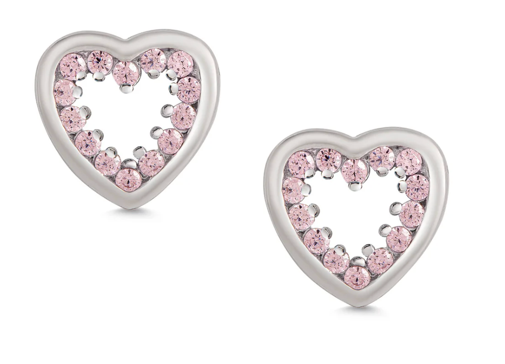Inlaid Pink CZ Open Heart Stud Earrings in Sterlin