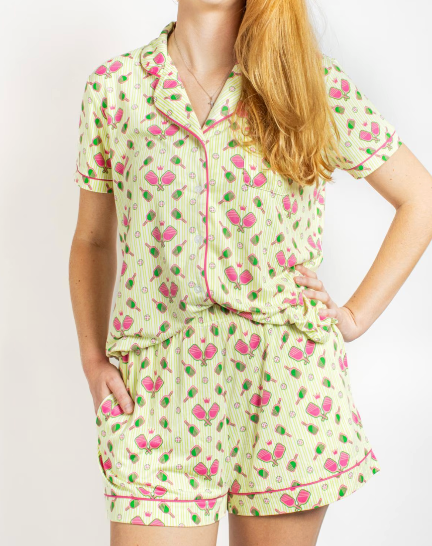 Pickleballer Short Sleeve Button Up Sleep Shirt Light Green/Pink XSmall