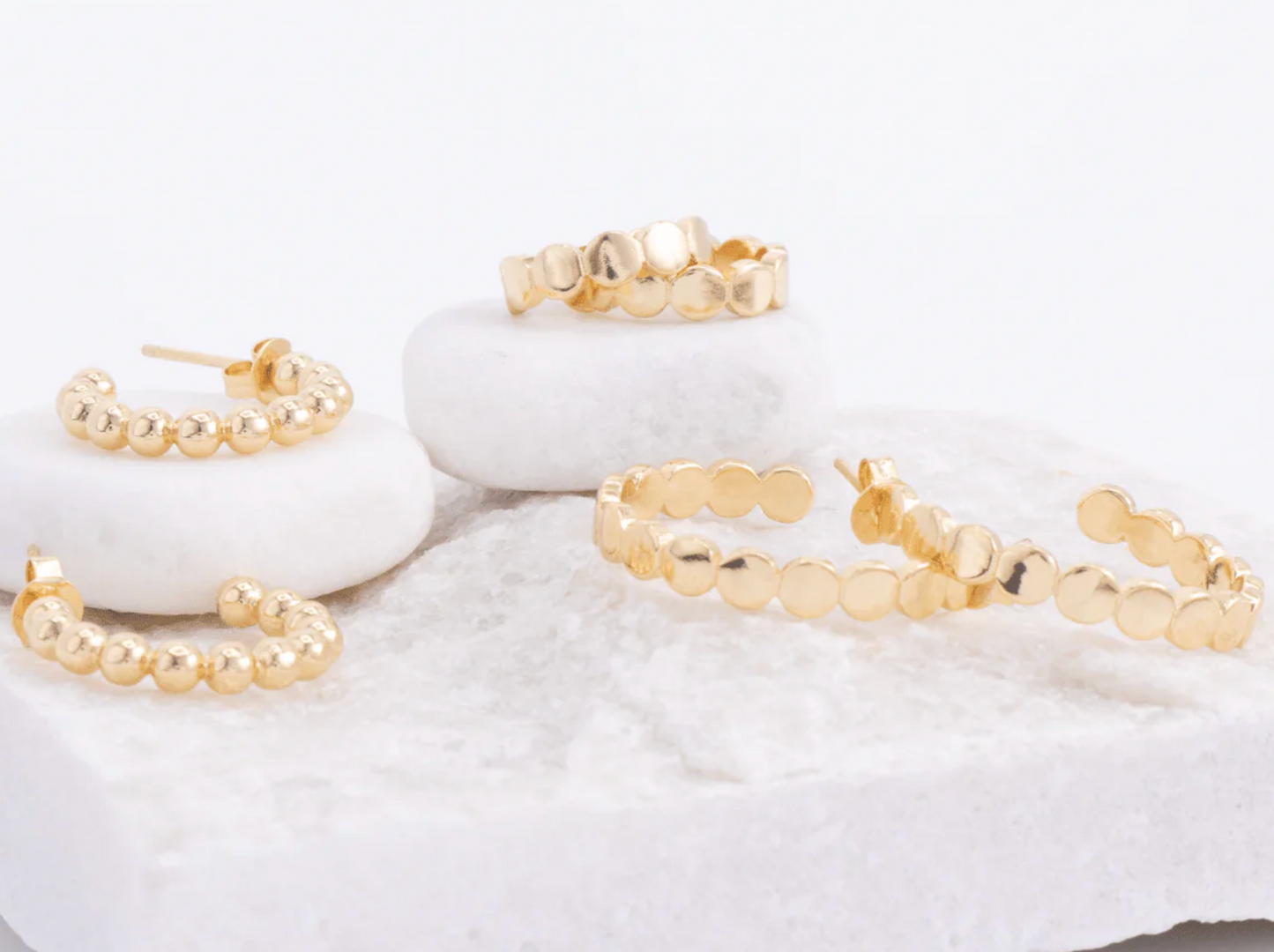 Earrings - Carded set of 3 cz accented huggies: petite flat dot hoops, small ball hoops, medium flat dot hoops, Gold