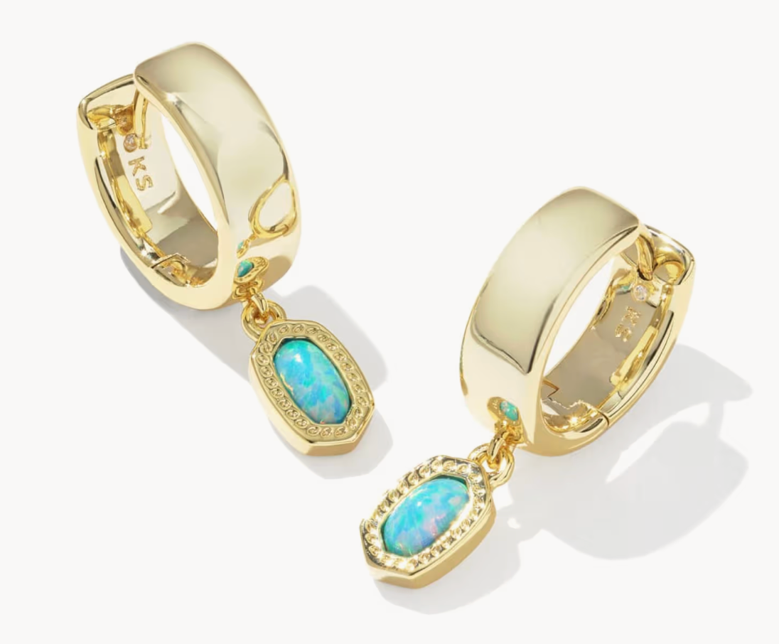 MINI ELLIE WIDE HUGGIE EARRINGS GOLD BLUE LAB GROWN OPAL