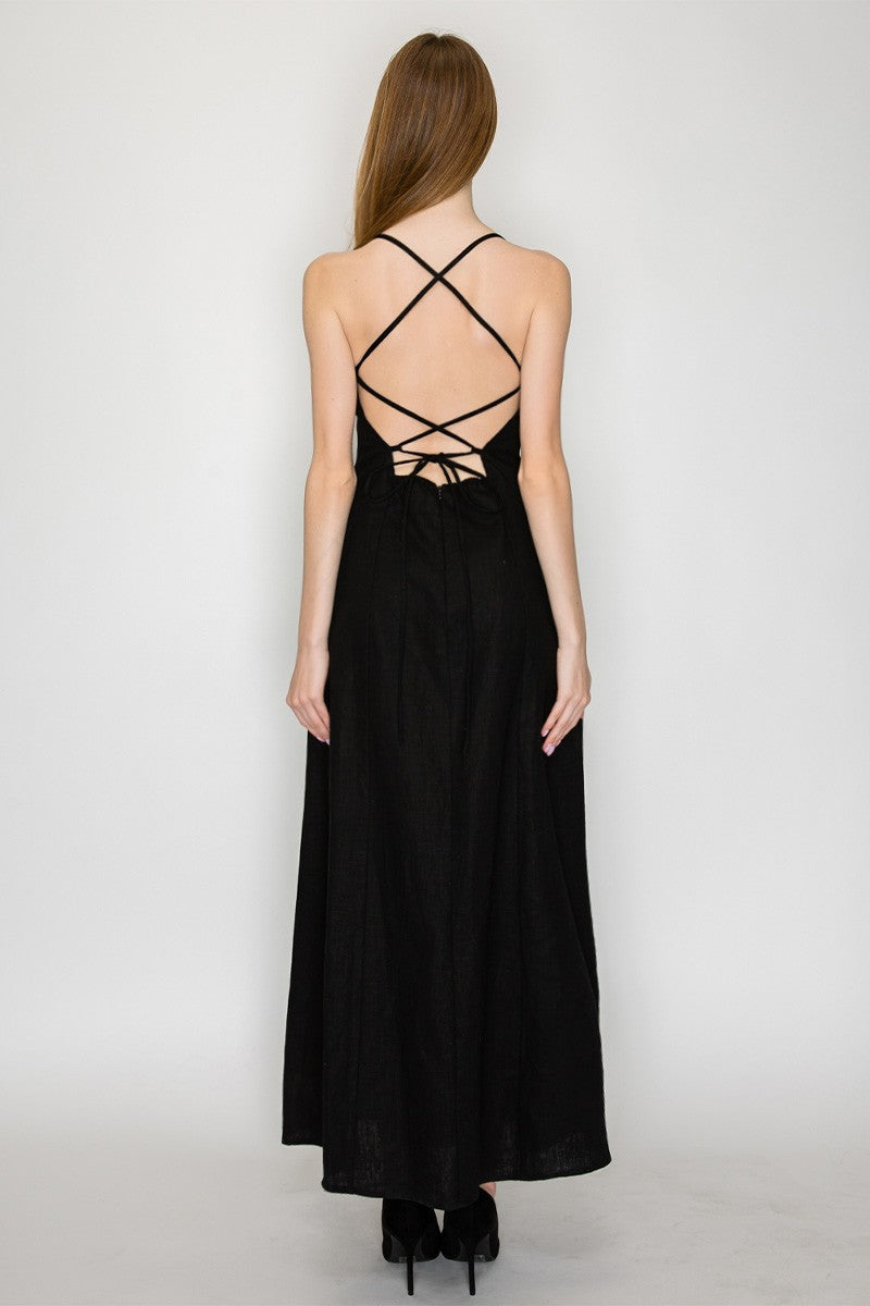LINEN TIE BACK MIDI DRESS