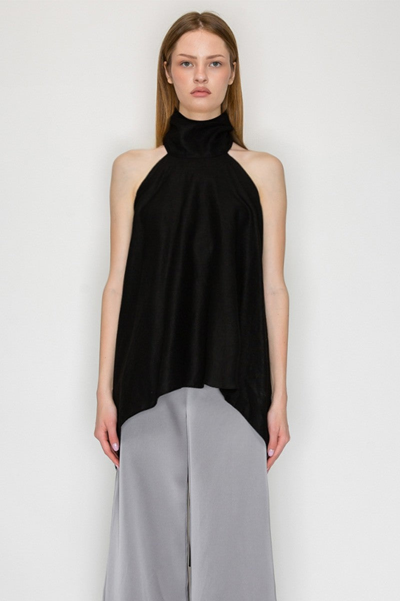 BACK OPEN HALTERNECK LINEN TOP