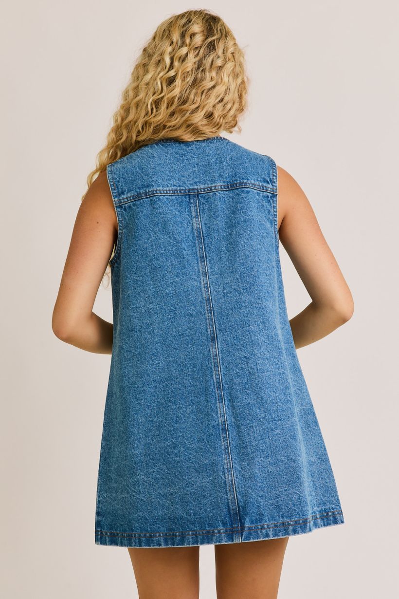 SLEEVELESS ROUND NECK DENIM MINI DRESS