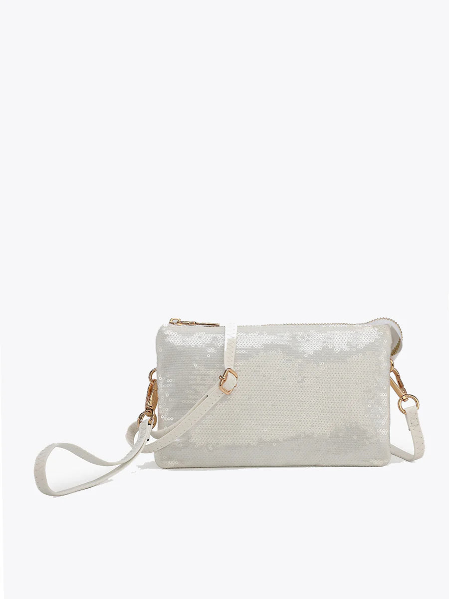 M013SQN Riley Sequin Crossbody/Wristlet in WHITE