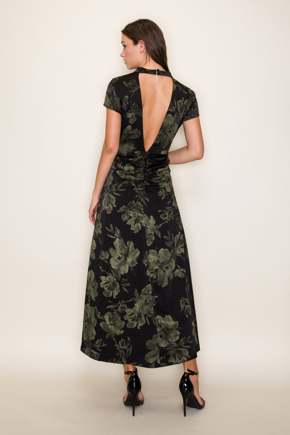 Floral Print Foil Cap Sleeve Midi Dress