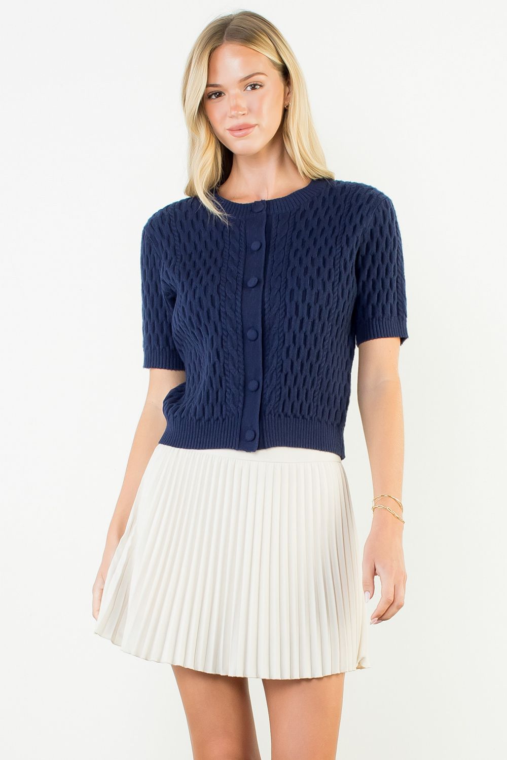 SHORT SLEEVE BUTTON KNIT TOP