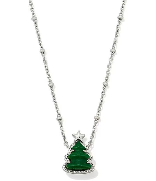 HOLIDAY TREE SHORT PENDANT NECKLACE SILVER GREEN QUARTZITE
