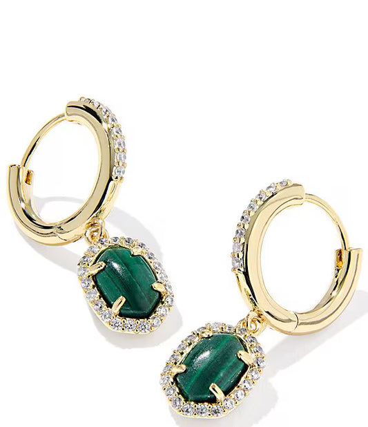 DAPHNE CRYSTAL FRAME HUGGIE EARRINGS GOLD GREEN MALACHITE