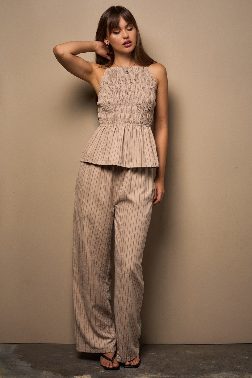 SMOCKED BODICE PEPLUM TOP WITH WIDE LEG PANTS