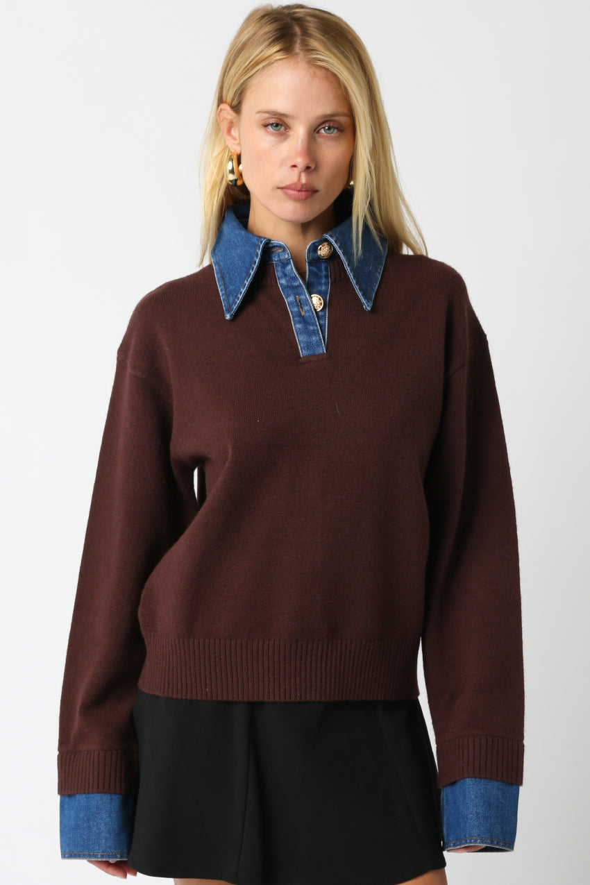 SWEATER W/DENIM CONTRAST
