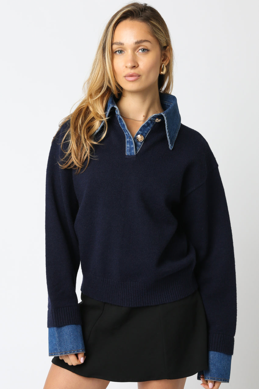 SWEATER W/DENIM CONTRAST