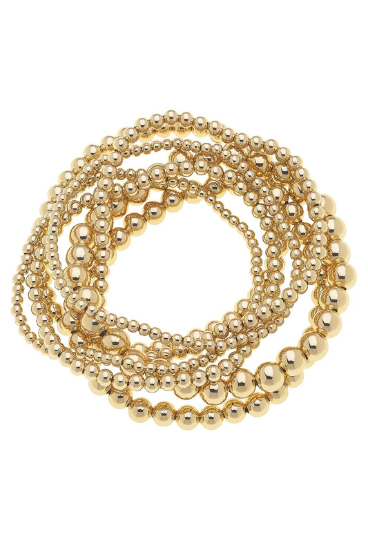 Ruby Assorted Ball Bead Stretch Bracelet Set of 7 in Shiny Gold
