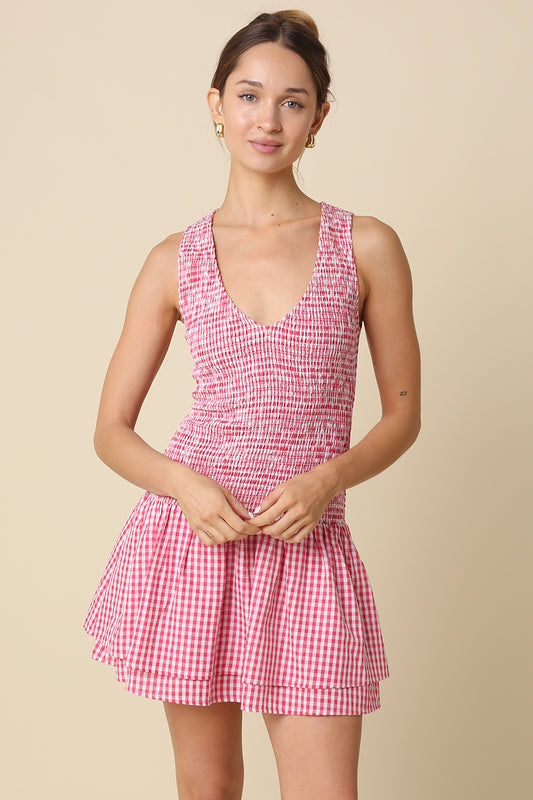 Debbie Gingham V-neck Tiered Mini Dress