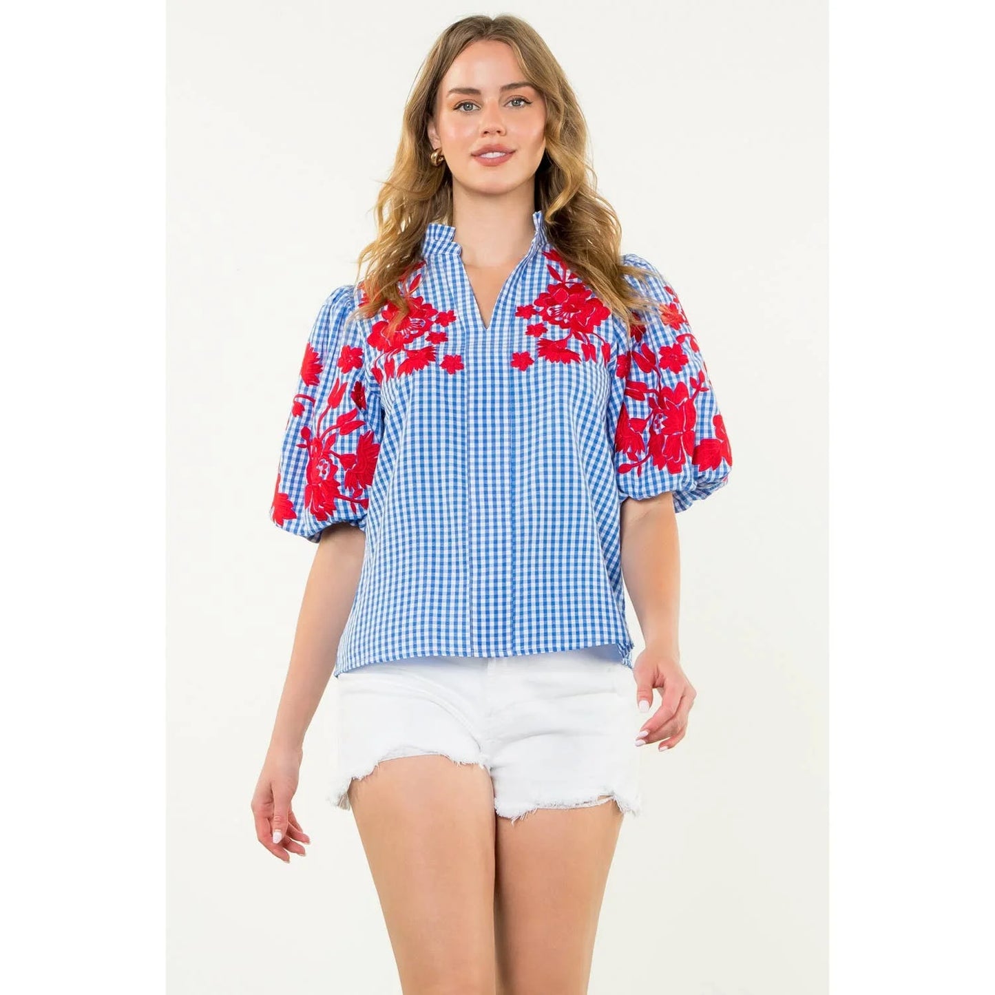 Embroidered puff sleeve gingham top