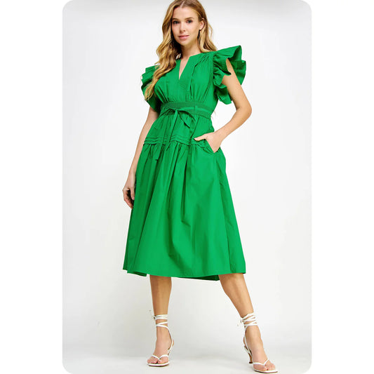 FLUTTER SLEEVES PEPLUM POPLIN DRESS
