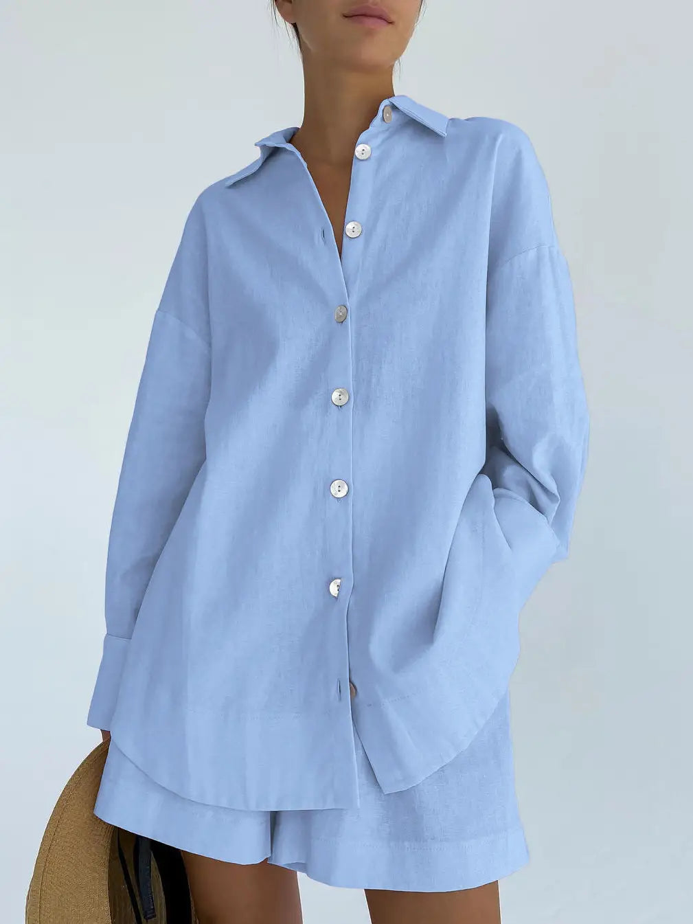 Ladies Solid Color Shirt Shorts 2PCS SET