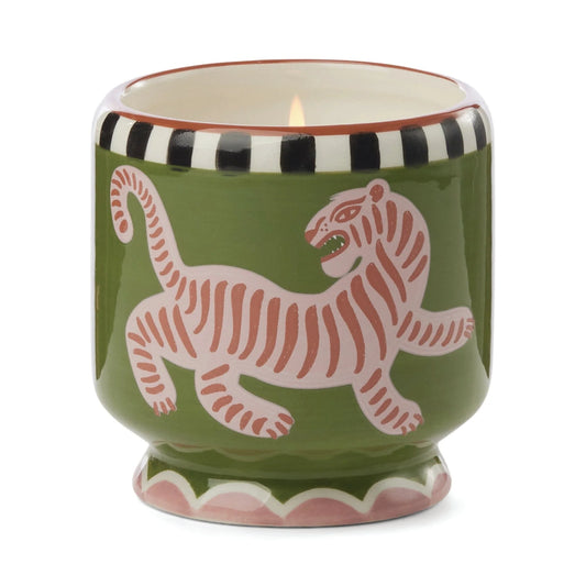 A DOPO 8 OZ  "TIGER" CERAMIC CANDLE - BLACK CEDAR