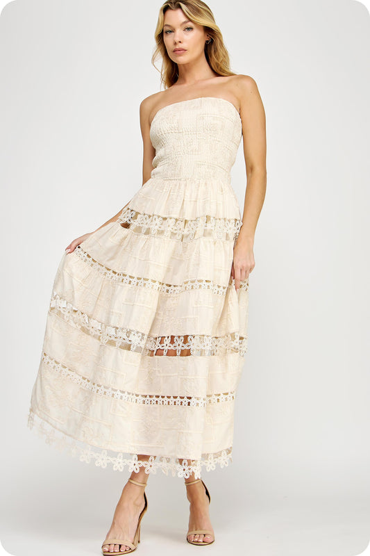 EMBROIDERY COTTON LACE TUBE DRESS