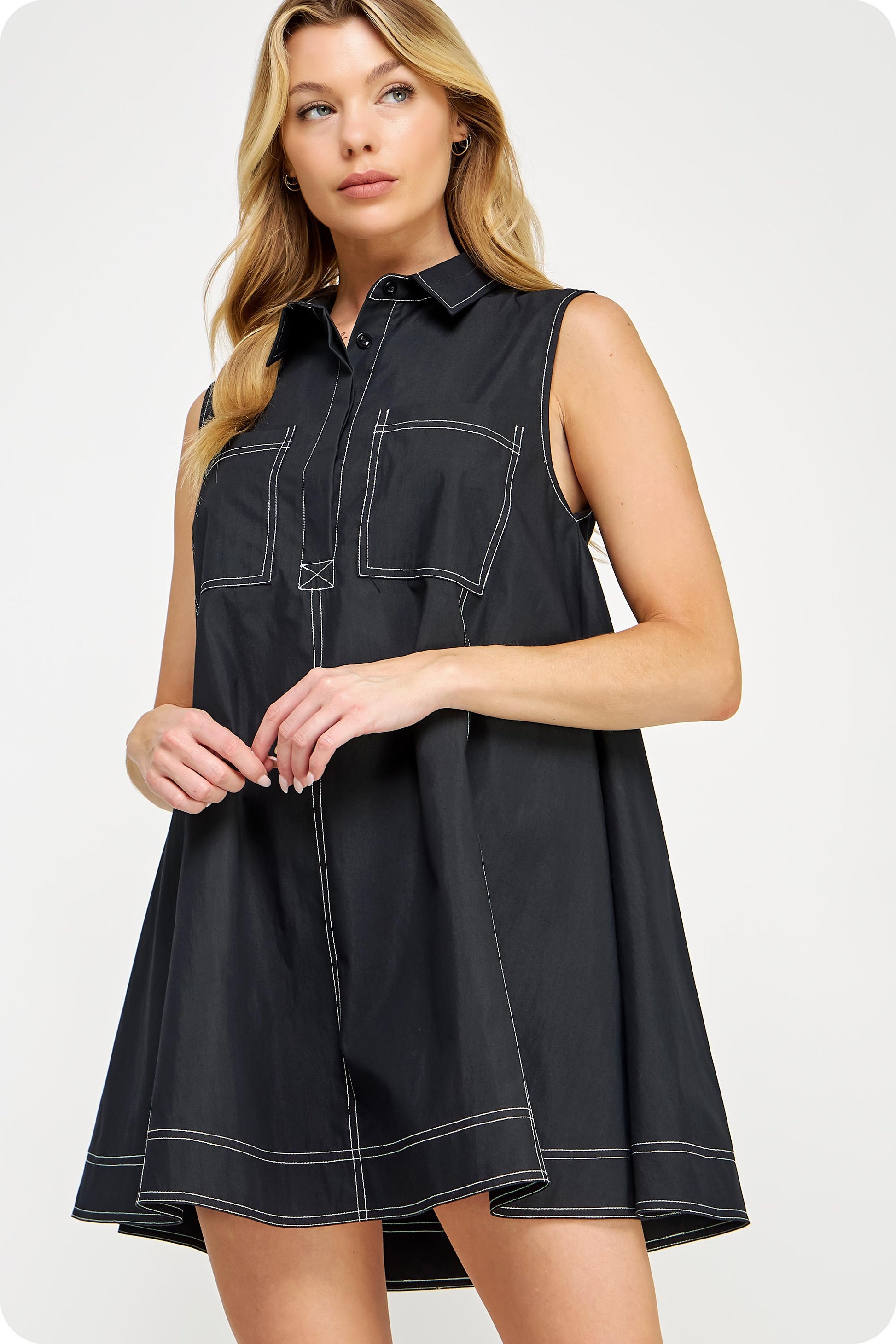 black shirt dress with white stitching Black Collared Shirt Dress with Scalloped Edges and White Piping Contr To The Nines
