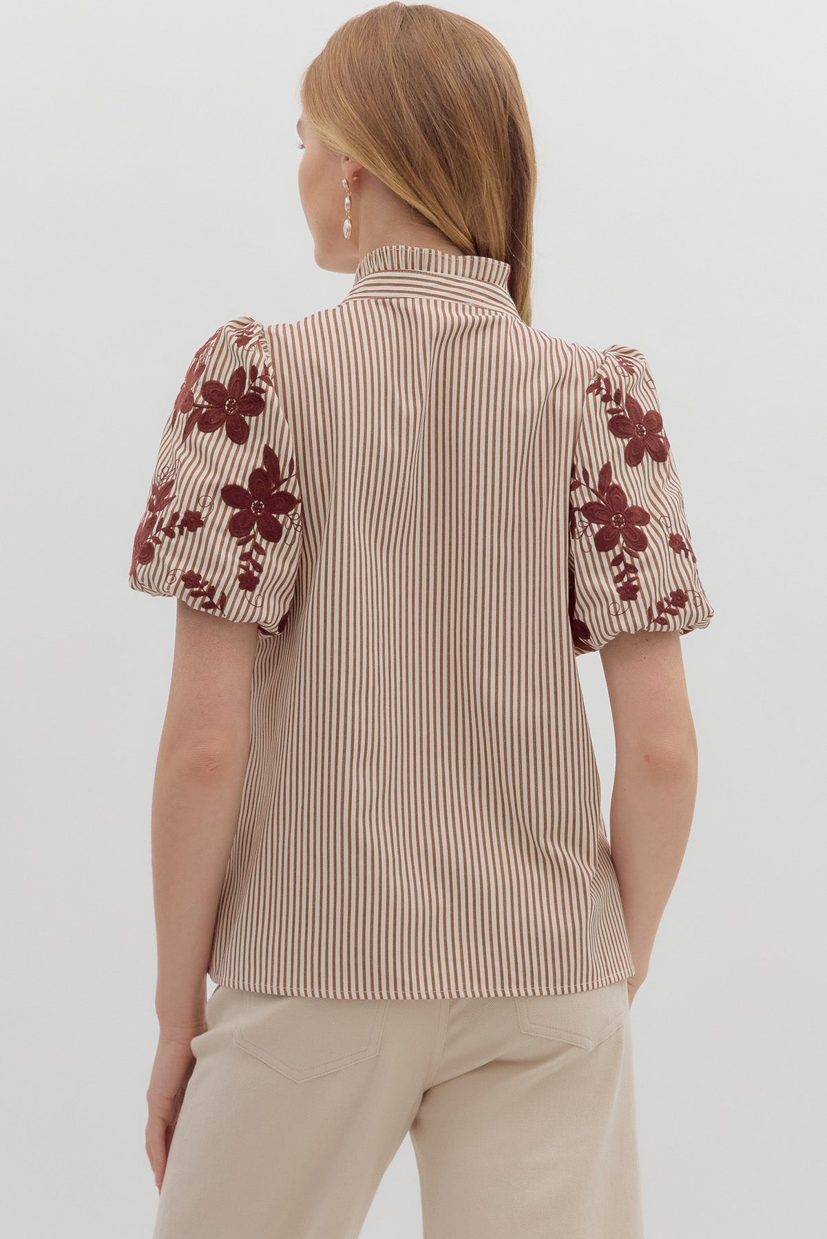 Stripe pattern V-neck ruffle top