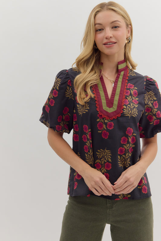 Floral print short bubble sleeve top