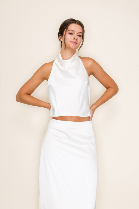 SIMPLY SATIN COWL HALTER TOP