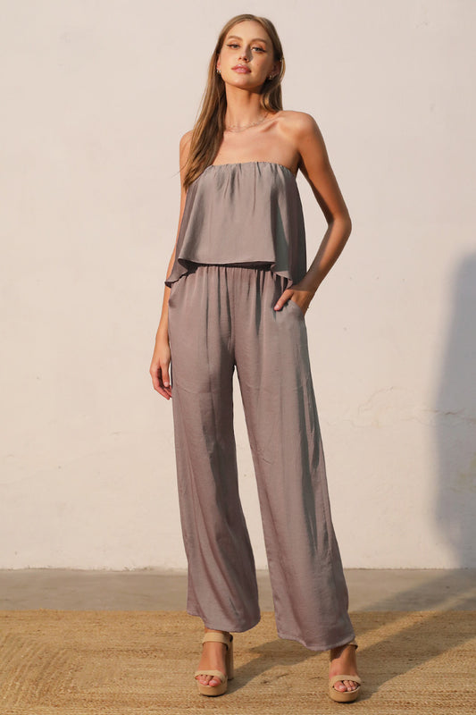 SILK CASCADE STRAPLESS JUMPSUIT