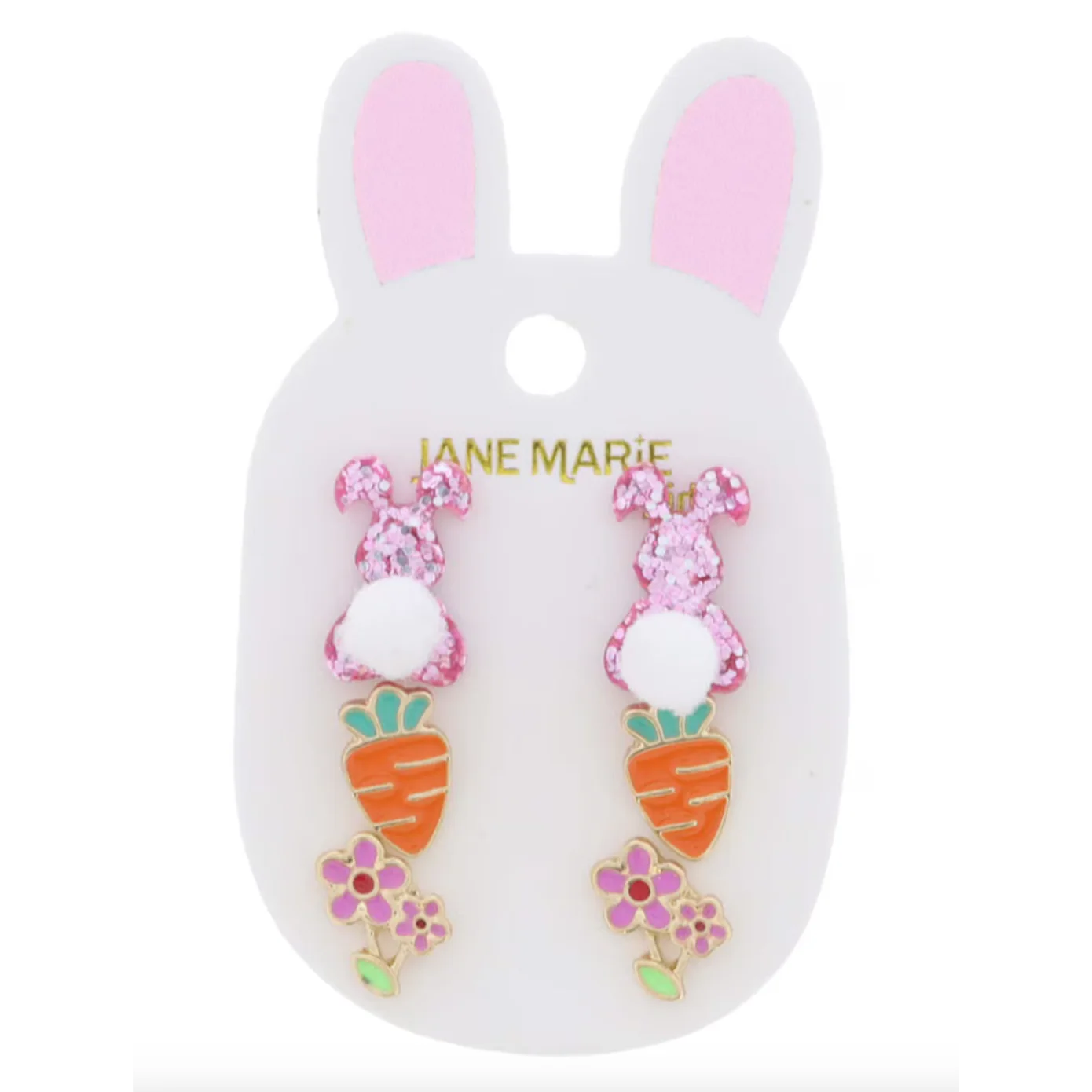 3 Stud Set, Pink Glitter Bunny with White Pom Tail, Enamel Carrot, Multi Enamel Flowers