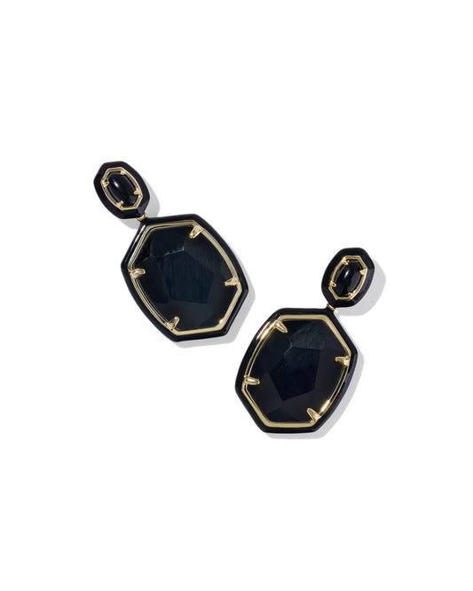 DAPHNE ENAMEL FRAME DROP EARRINGS GOLD BLACK AGATE