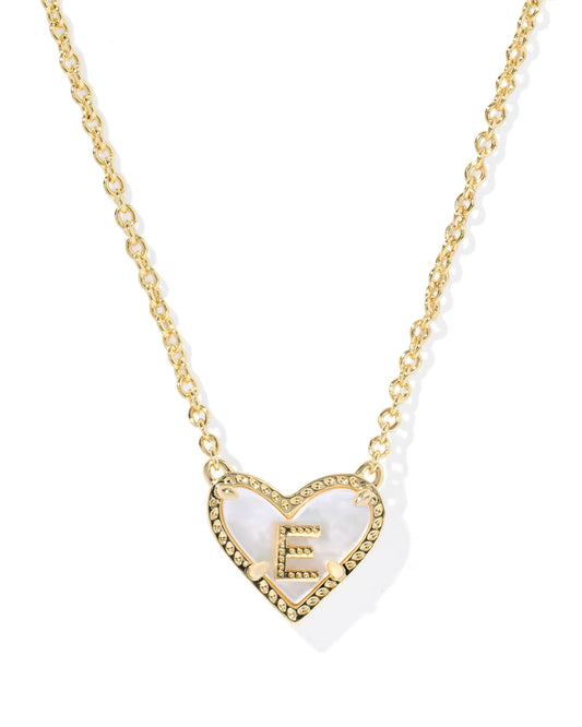 HEART LETTER E SHORT PENDANT NECKLACE GOLD IVORY MOTHER OF PEARL