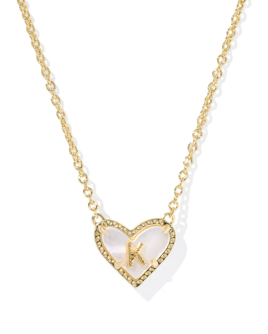 HEART LETTER K SHORT PENDANT NECKLACE GOLD IVORY MOTHER OF PEARL
