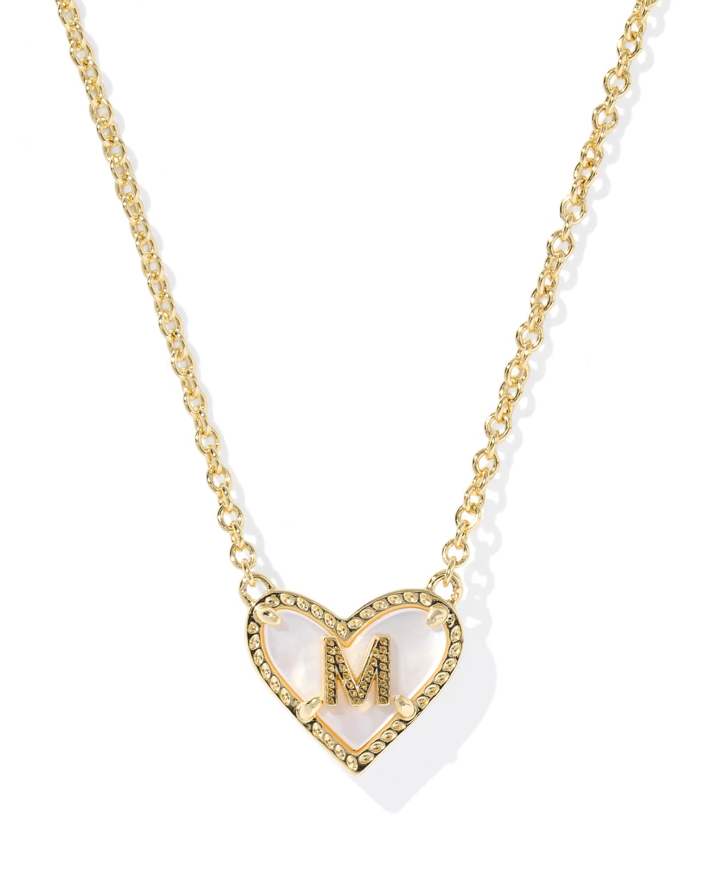 HEART LETTER M SHORT PENDANT NECKLACE GOLD IVORY MOTHER OF PEARL