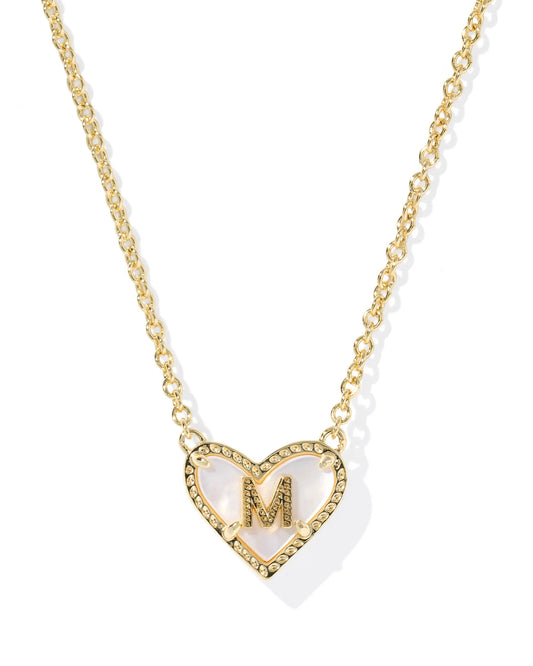 HEART LETTER M SHORT PENDANT NECKLACE GOLD IVORY MOTHER OF PEARL