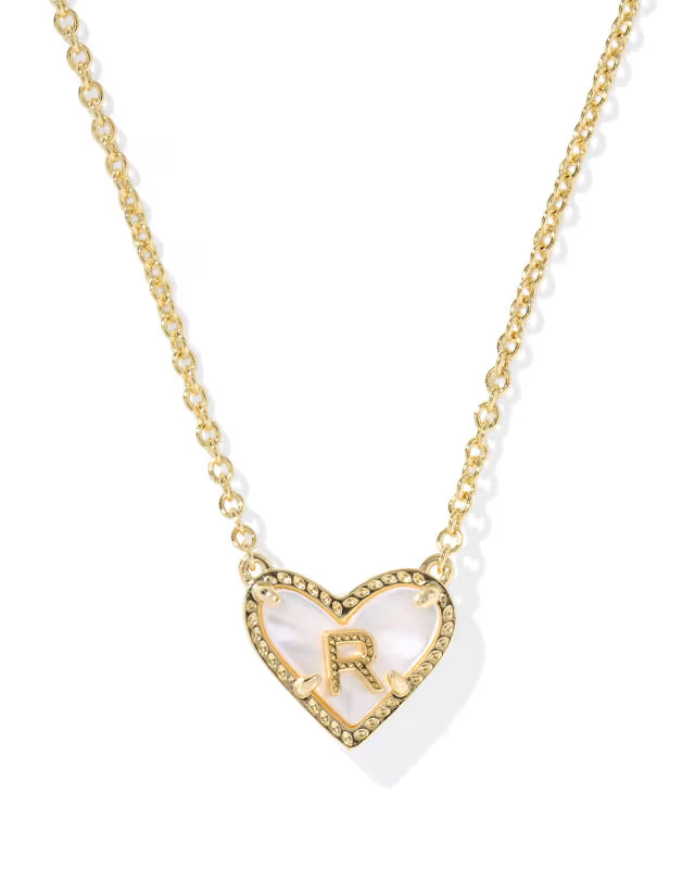 HEART LETTER R SHORT PENDANT NECKLACE GOLD IVORY MOTHER OF PEARL